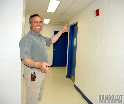 In what is presently the Aquatic Centre lobby, Leisure Services Director Darrell Lessmeister stands where the new central desk area will be located once the renovations to the Uniplex are complete next year. The central desk area will be part of a newly opened up lobby area for the arena and pool.