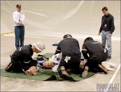 PotashCorp Allan rescues a victim during the First Aid event at the PotashCorp 29th Annual Fire Fighters' Rodeo on September 11. In the First Aid scenario, a bicycle collided with an oncoming vehicle. Fire fighters had to manage the scene and tend to the injured during the 15 minute situation.