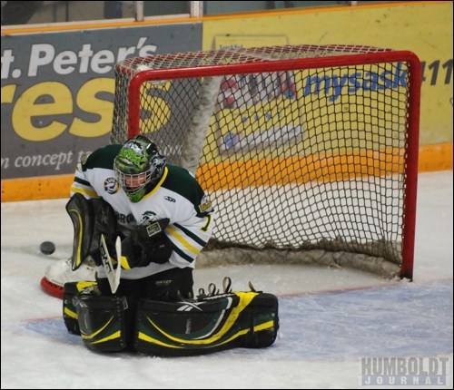 Humboldt Broncos goaltender Andrew Bodnarchuk bounces the puck off his pads, keeping it out of the Humboldt net, during the Broncos' home opener against the Notre Dame Hounds on September 17.  Humboldt won the contest 3-2, starting their season off on the right skate.