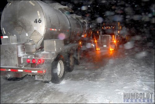 Semi trailer units were all over the road on Hwy. 16 west of Lanigan on the night of October 26.  Six semis actually blocked traffic on the highway for over three hours that night, due to the icy conditions of the road and the high winds.