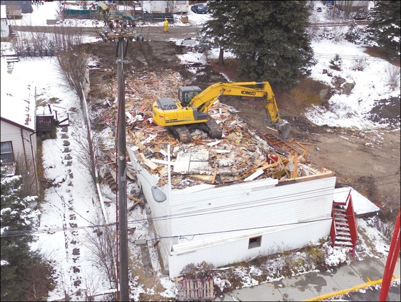 An aerial view of Wednesday’s demolition of First Baptist Church, a Flin Flon landmark.