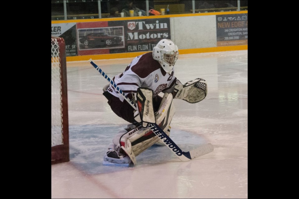 New Bombers goalie Adam Beukeboom, pictured as a member of the Prince George Cougars (inset) and the Bombers, has been a stellar surprise for Flin Flon fans.