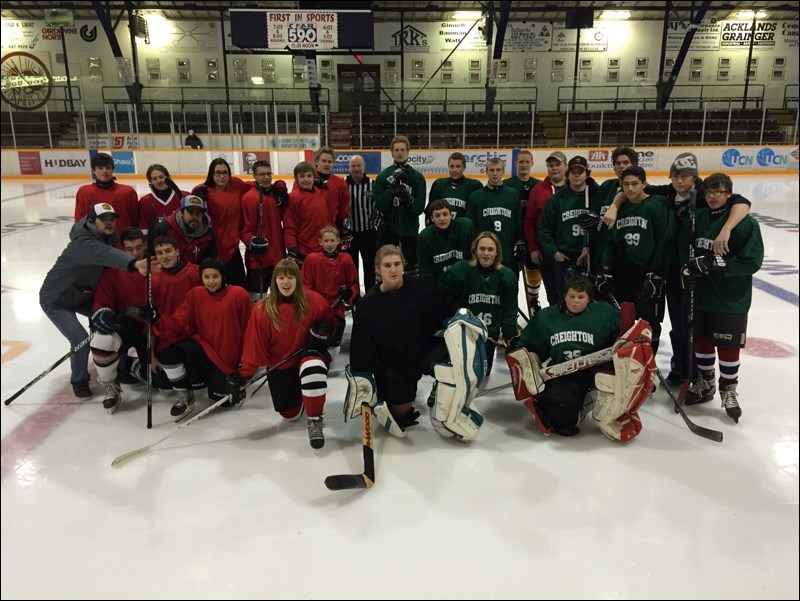 The Greenstone High School Hockey league has proven popular among local players. The five-team league, made up of clubs from Flin Flon, Creighton, Cranberry Portage and Pelican Narrows, has two games a week – Wednesday and Sunday – at the Whitney Forum. Pictured are the Creighton and Flin Flon teams following their first game of the season last month.