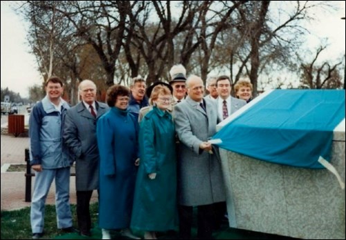 The time capsule unveiled June 1990 in North Battleford. Subjects include Mayor Glen Hornick and aldermen Len Quiring, Donna Challis, Tom Donahue, Mary McPhail, Wayne Ray, Julian Sadlowski and Elaine Kostiuk. Photos submitted