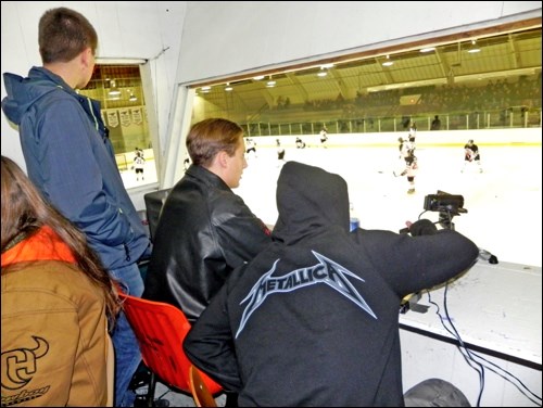 The Unity Arena press box was packed with activity as the UCHS Journalism 20 class worked to provide live coverage of the Canada vs Russia game hosted there in December.