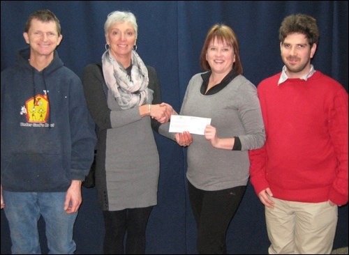 Rosalie Payne from Innovation Credit Union was at the Battlefords Trade and Education Centre Wednesday to present a $5,000 donation to the BTEC Building Fund.  Above are participant Robin Wesley, Payne, Executive Director Mona Leece and participant Reece Carlton.  Photo submitted