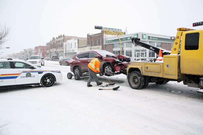 Light snow and warmer days following a deep freeze created slick conditions for the beginning of 2015 and a number of accidents including this crash at the corner of Fourth Avenue and Broadway Street January 2. One 59-year-old man lost his life in a single vehicle rollover in the early hours of New Year’s day 12 kilometres west of Yorkton on Hwy 52. Police said the driver and lone occupant of the vehicle crossed the centre line of the road at approximately 4:30 a.m. and rolled in the south ditch. He was ejected from the vehicle and died from his injuries at Yorkton hospital. Alcohol was a contributing factor, the RCMP said.