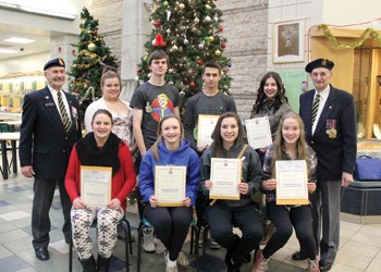 Bottom Row: Katlyn Kitzan (2nd in Poetry), Chelsea Spilchak, (3rd in poetry) Alexis Guy (first in poetry), Emmy Tourand (second in prose). Back row: Dakota Cmoc (first in colour poster), Andrew Witwicki (3rd in prose), Nathan Pidperyhora (1st in prose), Brooke Maduck (first in black/white poster). All first place finishes move on to the next level