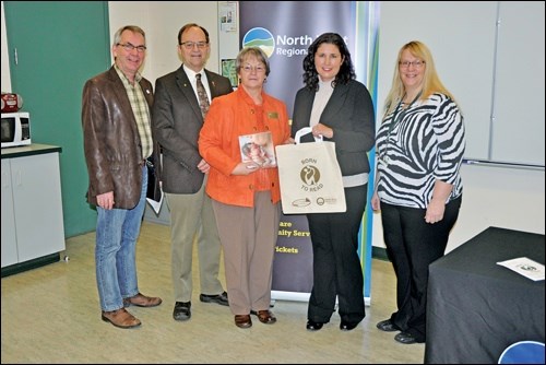 Seen at the launch of the North West Regional College 2015 Born to Read program are (L to R) Mayor Ian Hamilton, Herb Cox, Ann McArthur, Tavia Laliberte and Pamela Plummer.