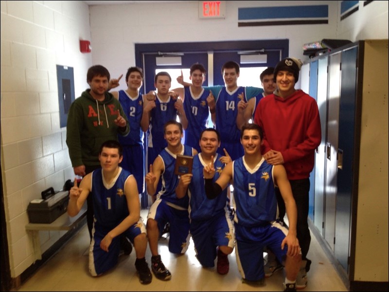 The Frontier Collegiate senior boys basketball team earned a first place win during a tournament in Norquay, Sk. this past weekend. The boys picked up a big 88-52 win in the finals over Preeceville.
Pictured here are (back, left) coach Tyler Johnson, Brydon Bighetty, Duran Miles, LittleRapids Colomb, Devon Williams, Linden Merasty, (front, left) Jimmy Spence, Devon Halkett, Keegan Castel, Buddy Moise and assistant coach Taylor Ducharme.