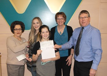 Canadian Western Bank has been working with Big Brothers Big Sisters since 2008 with the Greater Interest GIC program. The two month campaign donates 1/8 per cent of every dollar raised to local Big Brothers Big Sisters programming, and this year contributed $5,118 to Yorkton and Area BBBS. The bank also hosted a fund raising barbecue which raised $460. Pictured above are Jodi Dull with Canadian Western Bank, Leah McNeill, big sister, Sam King, little sister, Irma Van de Bon-Nichol, Executive Director of BBBS and Kelly Price, Branch Manager. Van de Bon-Nichol says that continuing support like this allows BBBS to meet the greater need in the community, as a growing number of kids take part in the program each year. She notes that mentoring has been shown to help kids throughout their lives, and encourages people to take part and become a mentor.