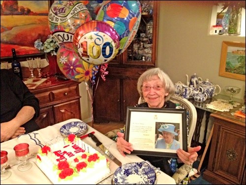 Gertrude Millbank, who was born in North Battleford and is still here a century later, celebrated her 100th birthday with family and friends Jan. 21. She proudly displays her letter for congratulations from Queen Elizabeth II. Among other accomplishments, Millbank has been a member of Beta Sigma Phi for 67 years and remains an active member. Her parents, Lydia and Ralph Salzgeber founded Milbanke Flowers, which she took over in 1938 and ran until her daughter Louise and husband Howard Libbey took up the reins in 1964. She continued to work there as a floral designer until just a few years ago. Her grandson Glen and his wife Cindy Libbey are now the current owners of Milbanke Flowers. Photo submitted