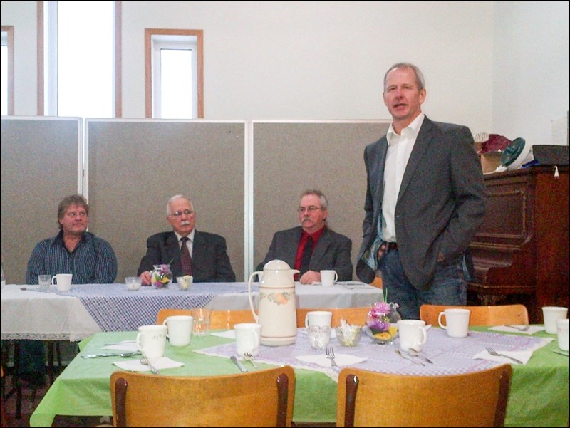 The Flin Flon Ministerial Association hosted the annual Mayors’ Breakfast last Saturday, Jan. 24 at the Anglican Parish of St. Peter and St. James. This marked the first time that all three area mayors attended. Pictured (from left) are Mayor Cal Huntley of Flin Flon, Mayor Carl Lentowicz of Denare Beach, Mayor Bruce Fidler of Creighton and guest speaker Richard Trudeau.