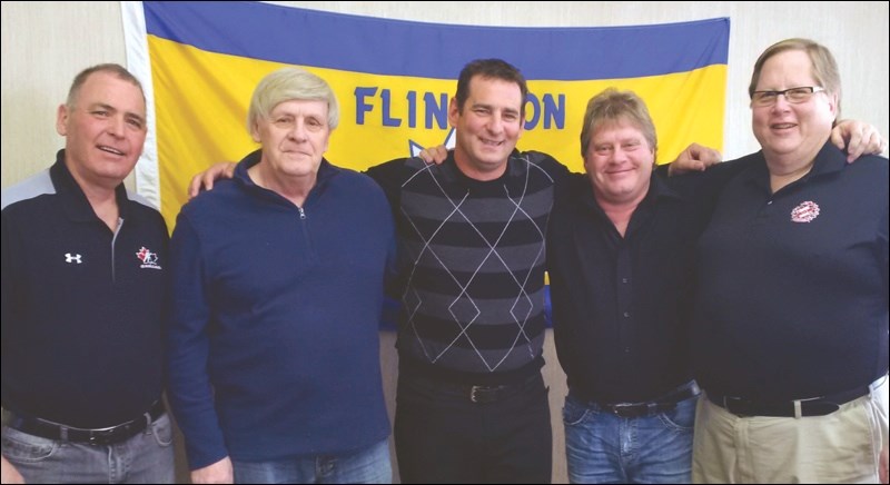 Rick Bacon (centre), the outgoing director of works and operations for the City of Flin Flon, joined past and present colleagues at a farewell luncheon Wednesday at City Hall. They included former mayors George Fontaine (from left) and Dennis Ballard, current mayor Cal Huntley and former mayor Tom Therien. Bacon’s last day on the job was yesterday. He is taking over as director of municipal services for Alberta’s Lethbridge County, southeast of Calgary. The city has yet to name his replacement. Bacon had been with the city since 2002 and director of works and operations since 2004.