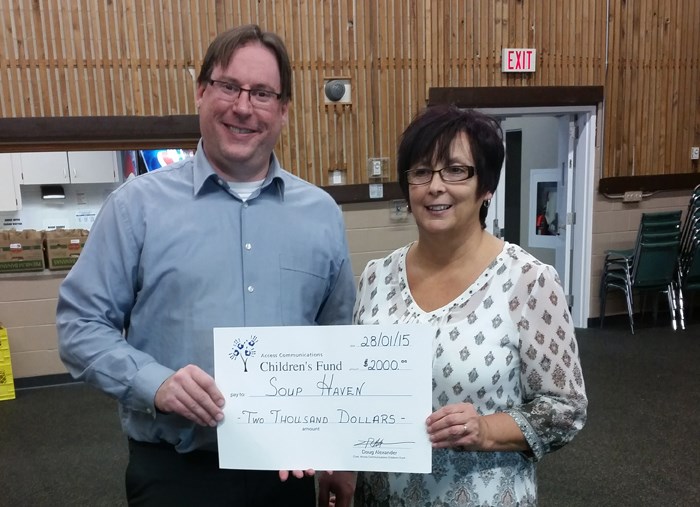 Ron Irvine (NE Regional Manger Access Communications) recently presented $2000 to Marilyn Dyck (Executive Director of Yorkton Soup Haven) for the Yorkton Soup Haven. Cheque is from Access Communications Children’s Fund. The Access Communications Children’s Fund contributes funds and support to youth-based not-for-profit organizations and charities. The Children’s Fund assists children and their families in need in the many communities we serve. Donations from Access’ TV Bingo viewers and staff members enable local charities and non-profit organizations to enhance the quality of life for those who may need a helping hand. It’s just another way that Access shows we care.