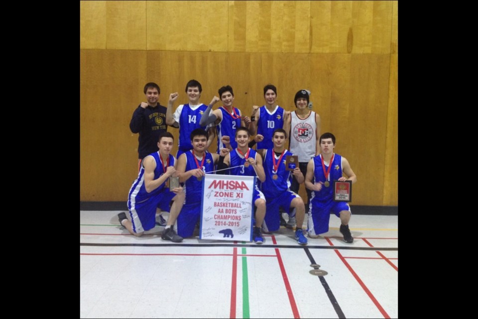 The Frontier Collegiate Institute Raiders placed first in the recent Zone 11 basketball championships. The Raiders defeated Norway House 55-41 in the final to bring the banner home, and will now look to provincials in Niverville. Pictured are coach Tyler Johnston (back, from left), Devon Williams, Brydon Bighetty, Littlerapids Colomb, assistant coach Taylor Ducharme; and (front) Duran Miles, Linden Merasty, Devon Halkett, Buddy Moise and Jimmy Spence. Missing from the picture is Keegan Castel.