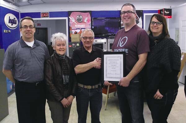 Thorsness Appliance of Yorkton recently made a $2,500 donation toward a fundraiser for Rail City Industries (RCI). Rail City operates group homes for mentally and physically challenged adults. With a substantial completion inspection of the renovated Field’s building coming up in March, the company looks forward to having more space for clients as well as a treatment area. Rail City is hosting a “New York, New York” themed fundraiser gala April 11 at the Casino Convention Centre. From left to right: Mike Foley, RCI board member; Carol Wiens, RCI director of communications; Joe Kirwan, RCI board chair, Mike McIntyre and Krissa McIntyre Thorsness co-owners.