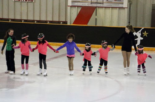 : Performing to “Locomotion” a group of Can Skaters (not in order) Drazmine Palma, Rommy Garcia, Rory Miller, Tenley Gervais, and Thea Marzan perform with the help of their Program Assistants Kyla Fischer, Halle Schutz, and Grace Smyth.