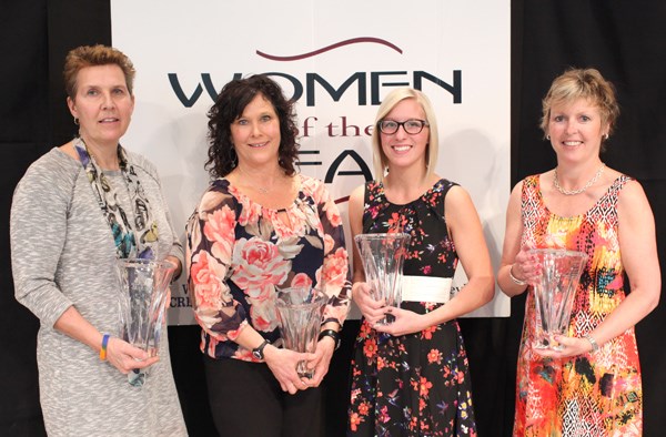 The 2015 Women of the Year recipients (l-r):  Jacquie Williams, Weyburn Credit Union Workplace Excellence Award; Kathy Erickson, Access Communications Exceptional Entrepreneur Award; April MacMillan, Investors Group Young Woman of Distinction Award; and Deana Mainil, M. Isabelle Butters Quota International of Weyburn Community Service Award.