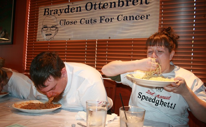 The Second Annual Speedghetti Championship was held at Boston Pizza in Yorkton Sunday. This year David Johnson came away with the crown, edging out defending champion Brian Gammon, seen in action here alongside rookie competitor Sarah Zarazun. The money raised at the event will be designated to the retrofit of two rooms at the Yorkton & District Nursing Home through the Close Cuts for a Cure Local Cancer Initiatives Program and the Health Foundation. These two rooms will become palliative care rooms with accessibility for those in the community who are in their final days of life.