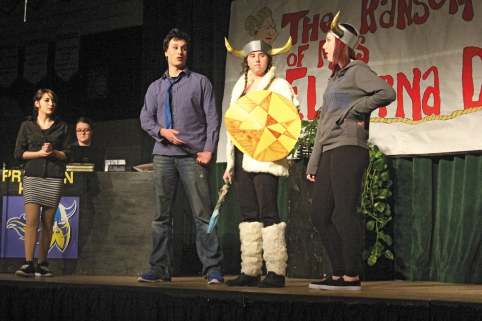 Erik the Viking (Marieka Angell), centre, introduced Michelle (Kenzie Simon) to Preston High’s principal Donnelly (Michael Manns) as vice principal.