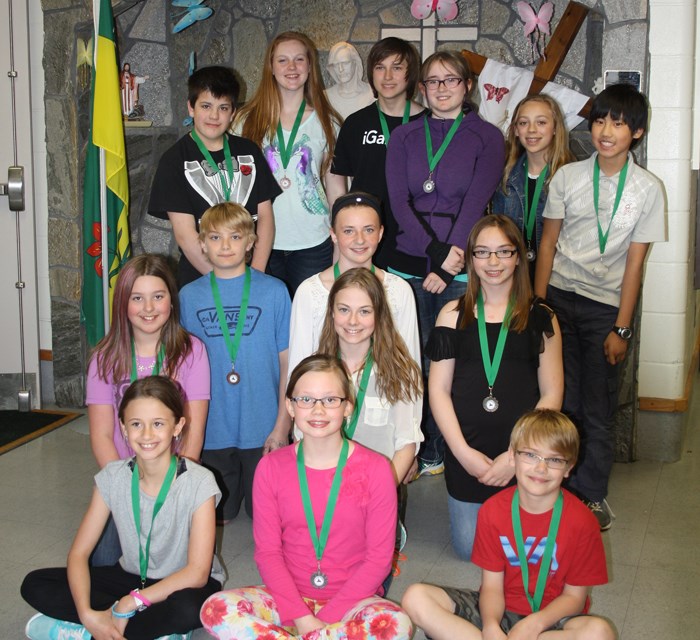 Science Fair - pictured are (back row): Ethan Allen (3rd place, grade 7), Emileigh McClenaghan (3rd place, grade 8), Nikolas Litke (2nd place, grade 8), Gabriella Litke (2nd place, grade 7), Lena Payne (1st place, grade 8), Riley Ooi (1st place, grade 7), (middle row): Jada Smith (3rd place, grade 5), Jack Long (3rd place, grade 6), Alle Shivak (2nd place, grade 5), Alex Hodgson (2nd place, grade 6), Hayley Jayde Polachek (1st place, grade 6), (front row): Alexandra Poncelet (3rd place, grade 4), Tayah Yanke (2nd place, grade 4) and Rye Long (1st place, grade 4). Missing from photo is Regan Laube (1st place, grade 5).