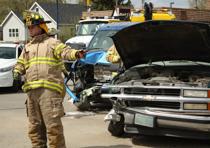 A collision between two pickups in the intersection of Gladstone and Broadway diverted traffic for a couple of hours Friday afternoon. The driver of the green truck westbound on Broadway turned left into the oncoming eastbound traffic and was struck on the passenger side by the blue truck. He was transported to hospital with non-life threatening injuries where he was charged with failing to yield.