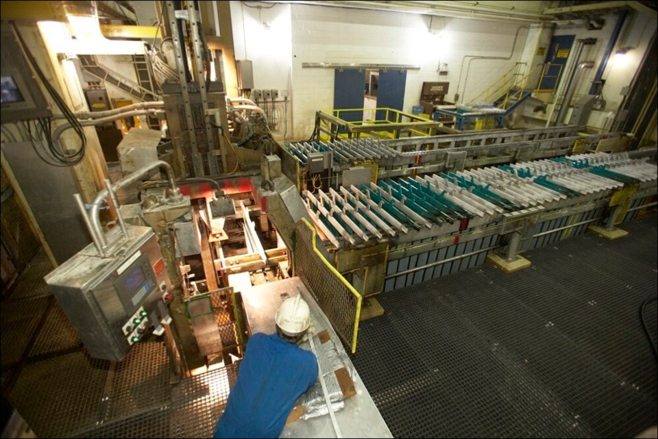 Cell house in the Flin Flon zinc plant.