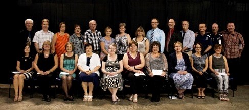 Living Sky School Division retirees: back row - Brian Beaubien, Norman Linnell, Linda Davisson, Lynn Brisebois, Dan Schell, Judy Schell, Gayle Zerr, Lynn Martin, Neil Ehnisz, James Herrick, David Allan, Daryle Wing, Lyndon Heinemann, Gerald Nickel; front row - Theresa Kolberg, Darlene Roth, Therese Robertson, Donna Burningham, Bev Dieno, Mavis Hoffmann, Gerri Olfert, JoAnne Kasper, Shelley McLaren and Leanne Meier.