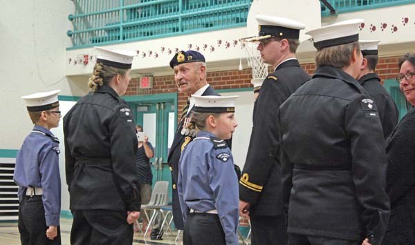 Peter Wyatt, president of the Yorkton Legion, inspects members of the NLCC Margaree, and RCSCC Orkney during their Annual Ceremonial Review and Inspection Sunday at Dr. Brass School.