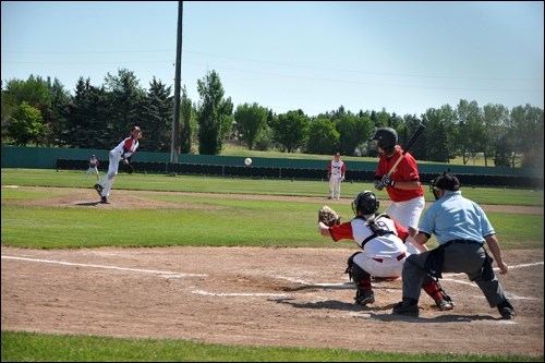Gavin Wourms pitched solidly for the North Battleford Beavers in their first game against Regina, not giving up a run in his turn on the mound. The Beavers won the game 8-4 and also game two 9-7 to sweep the double-header with the Blue Jays. Photos by John Cairns