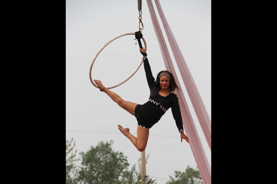 The Nerveless Nocks excited crowds at the Yorkton Exhibition summer fair. Angelina Nock, performs her acrobatic act for the crowd.