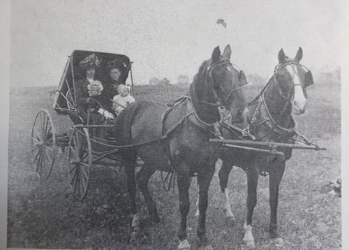 Ole Nelson drives Prince and Lillie to the Maryfield Fair in 1915 while holding Agnes Barness; and Clara Barness holds Pearl.