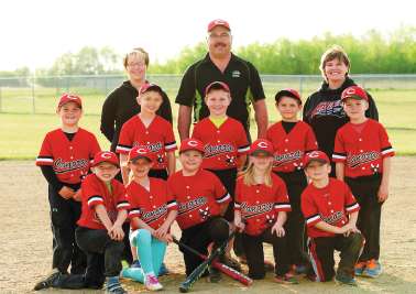 From left, members of the Junior Rookie 2 team were: (back row) coaches Michelle Hembling, Kelly Beblow and Jennifer Sleeva; (middle row) Ty Sleeva, Tyson Korol, Briel Beblow, Cooper Kraynick and Linden Roebuck; and (front) Chase Hembling, Makayla Heshka, Jace Wolos, Alaina Roebuck and Colton Bletsky.
