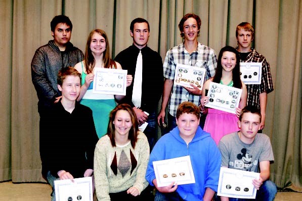 Grade 9 SCHS students receiving awards, from left, were: (back row) Tyler Antoniuk, Jamie Messenger, Bo Babiuk, Cole Kowalchuk, Peyton Secundiak and Arlee German; and (front) Quentin Prekaski, Hannah Charlebois, Cory Motilaga and Keilan Dredge.