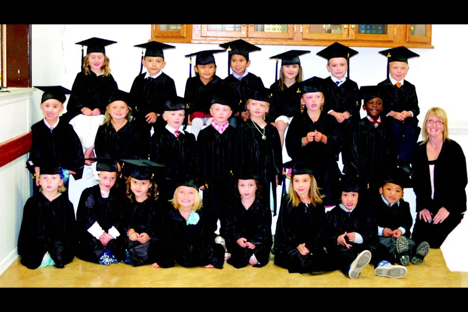 A special graduation ceremony that celebrated the Preeceville Nursery School four-year-old class was held at the Preeceville Legion Hall on June 18. From left, were: (back row) Chloe Bourassa, Rhone Darmochid, Maria Anguluan, Erl DelaTorre, Peyton Lisoway, Blake Descalchuk, Seth Reynolds and Lori Newton (teacher); (middle row) Jackson Strykowski, Lilly Kinneard, Braxton Danielson, Boden Heskin, Sydney DeRuiter, Maggie Ivanocko and Azeez Mosuro; and (front) Trinity Petras, Macey Mitchell, MacKenna Firman, Claire Masko, Dexter Penner, Ireland Zuk, Kelmer Albarracin and Alexander Acosta.