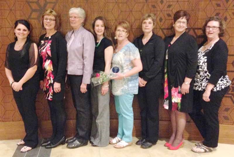 The Weyburn Chapter of Licensed Practical Nurses (LPN) were honoured as Chapter of the Year at the Saskatchewan Association of Licensed Practical Nurses (SALPN) annual meeting held in Regina recently. This award is presented by SALPN annually to the LPN chapter that has been active in their association and health region. Members of the Weyburn Chapter in attendance were, (l-r): Echo Zadorozniak, Janice Wagner, Heather Cugnet, Michelle Rudy, Tammy Gervais, Lana Keys, Nola Nicholson and Marilyn Ferguson. Missing from photo is Melvina Treble and Randy Bakaluk. There are 19 members in total from the Weyburn chapter.