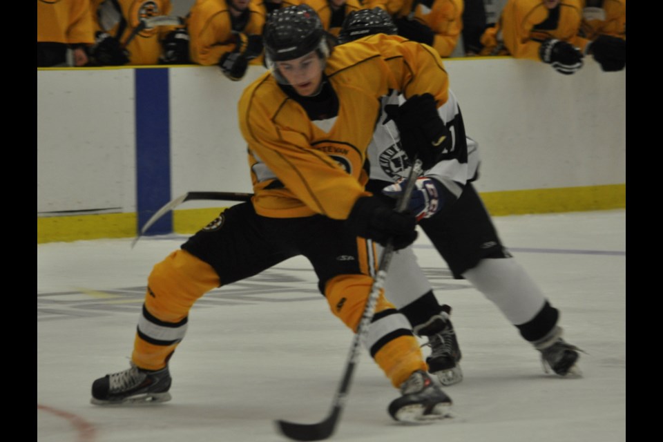 Bruins forward Lynnden Pastachak tries to get a shot off against the Kindersley Klippers Thursday night at Affinity Place during the first game of the Bruins' pre-season ending home tournament.