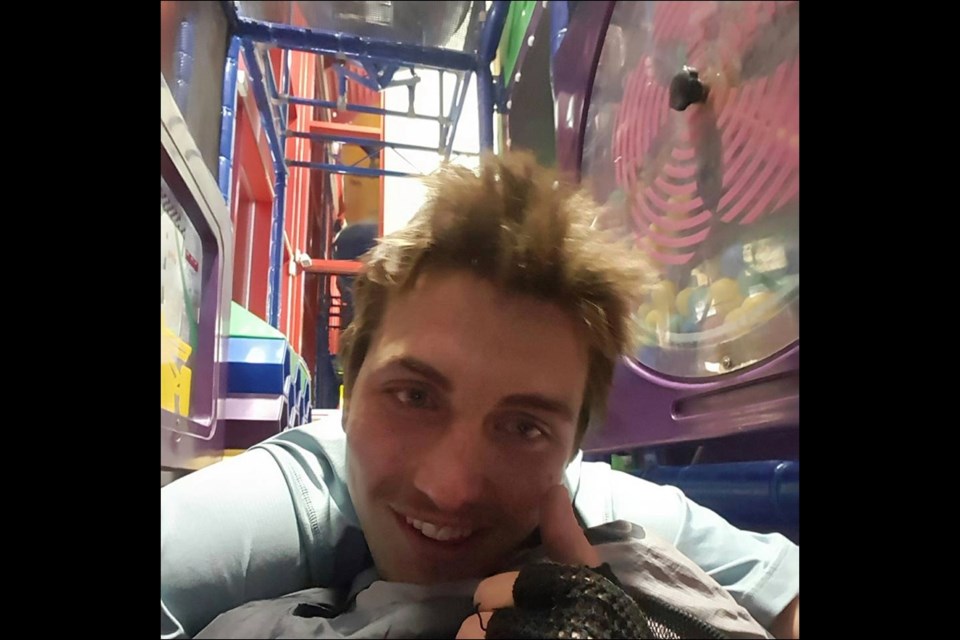 Hatherley in the kiddie playpen at a fast-food restaurant in Moose Jaw. The manager let him sleep there.