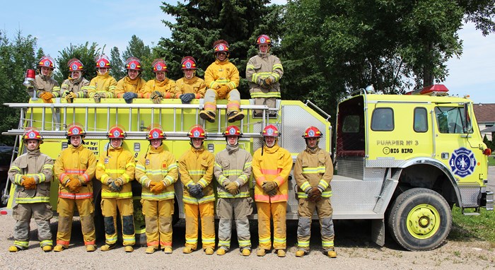 On ground (L to R): Nolan Dean, Brett Wendel, James McConnell, David Veilleux, Glen Reimer, Lee Stoppler, Austin Bates, Tyler Hulley. On fire truck (L to R): Domanik Ilijevski, Bryce Yanoshewski, Emily Levasseur, Taylor Geiger, Anthony Jerkovits, Nic Gillies, Charles Adams, Mark Discombe. Not pictured: Devin Deck.