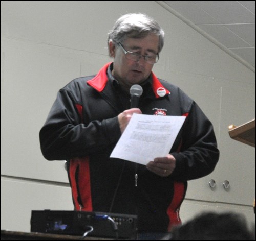 Brian Manegre, president of CUPE Local 5111 was among those who spoke at a town hall meeting in Battleford last week organized by the Council of Canadians in partnership with the Canadian Union of Public Employees. Photos by Jayne Foster