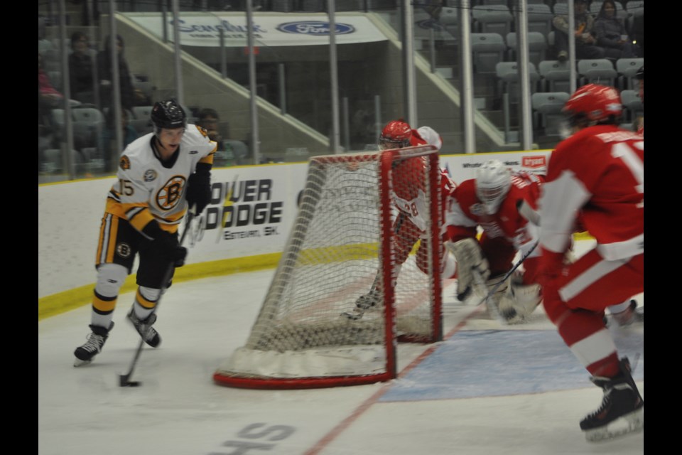 Estevan Bruins' right winger Owen LaClare moves in for a wraparound attempt last Wednesday at Affinity Place against the Red Wings.