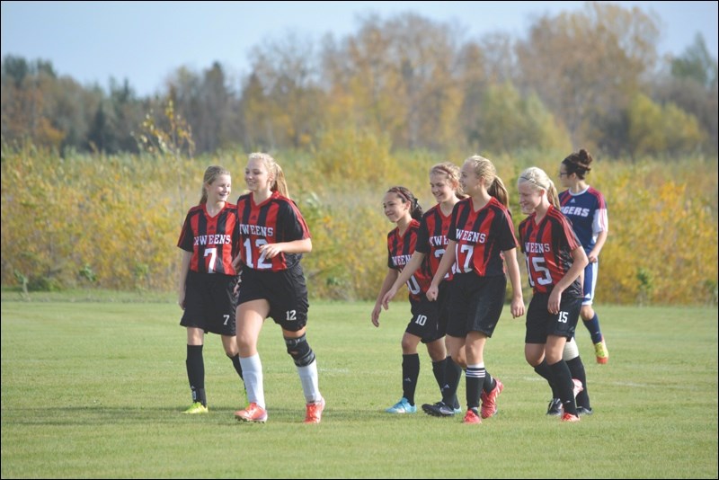 Hapnot Kweens smile after the first goal of their third game in Swan River last weekend. The girls won the game 3-1. Pictured, from left: Briah Atkinson, Maddy Lies, Hasana Church, Hannah Baynton, Kelana Kittle and Alyssa Patterson.