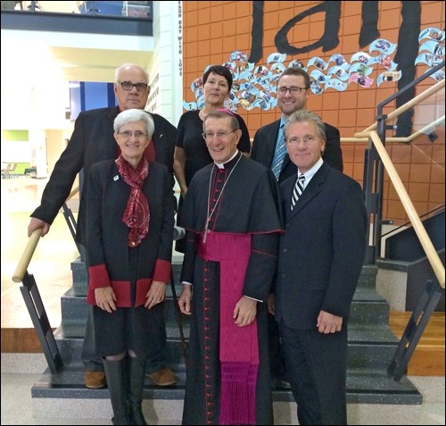 In the photo: front row - Adrienne Welter, vice-chair LOCCS, Nuncio Luigi Bonazzi and  LOCCS chair Glen Gantefoer. Back row - LOCCS board member Keith Koberinski, Religous Education Co-ordinator Marie Graw and LOCCS Director of Education Cory Rideout.