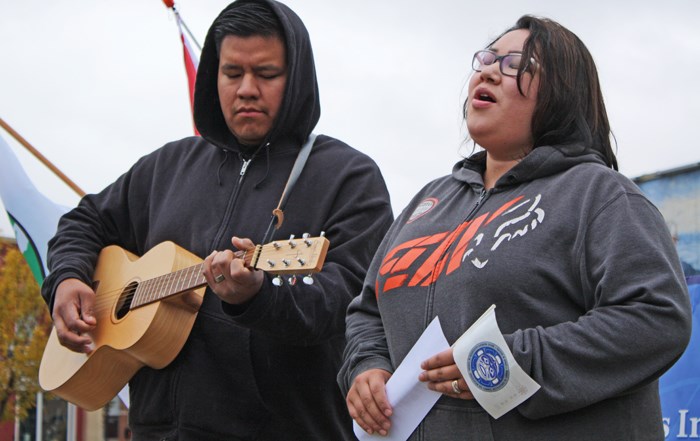 In Spirit Singer Roxy Ross and guitarist/husband Geordie Ross perform a stirring rendition of “Go Light Your Candle” during Yorkton’s Sisters in Spirit vigil at City Centre Park October 4. Despite rainy conditions, the RCMP said nearly 50 people showed up to march up Broadway Street from the Yorkton Public Library to the park where speeches were made, poems were read and songs were sung in memory of more than 1,000 missing and murdered aboriginal women. Judy Hughes, president of the Saskatchewan Aboriginal Women’s Circle and an organizer of the event was thrilled with the turnout. Every October 4, thousands of similar vigils are held all across Canada and in many other countries around the world.