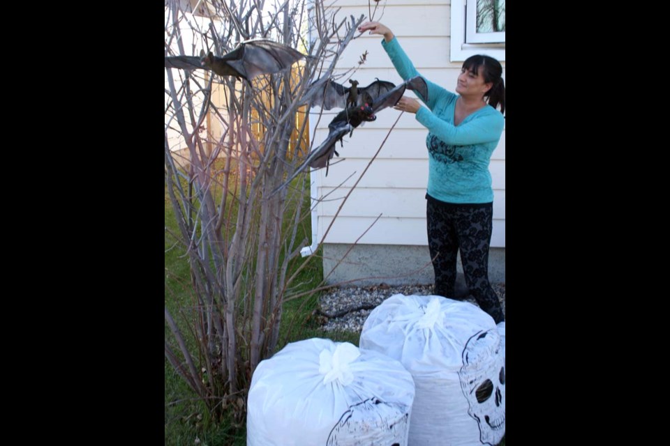 Halloween preparation Nice weather Saturday was ideal for outdoor activities, whether raking leaves, doing some outdoor repairs, or just taking a walk to enjoy the fall colours. It was also ideal for some Halloween decorating. Here Roberta Cote hangs a few festive bats to create the feeling of the season.