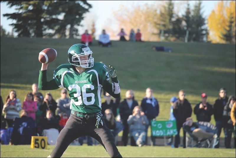 Kodiaks quarterback Blair Pietsch looks to throw the ball during Creighton’s 9-0 win over La Ronge.