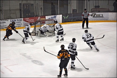 Goalie Ryan Rewerts was among those kept busy in the first period Friday as the North Stars and Nipawin tangled. The North Stars prevailed, 4-2.