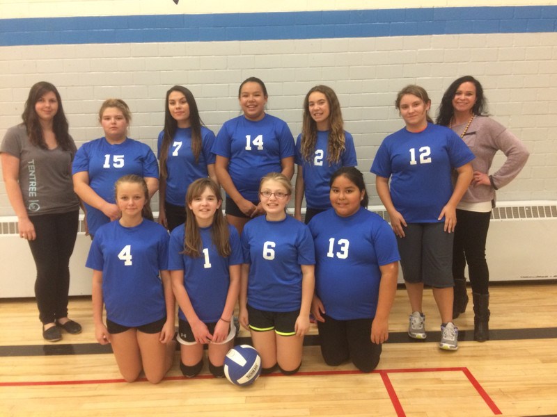 White team Members of the KCI junior girls White volleyball team, from left, are: (back row) Kailey Bowes, Charlotte Henderson, Adrianna Stevenson, Lakota Lughren, Chloe Koroluk, Makayla Romaniuk and Amanda Carpenter, and (front) Erin Wise, Anastasia Schwartz, Kailey Sterzer and Angelina Badger-Cote.