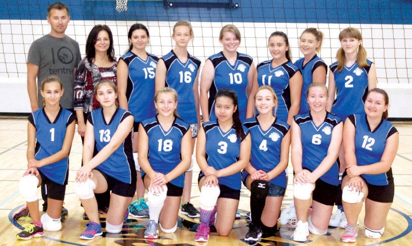 The Preeceville junior girls volleyball team hosted its first game of the season against Churchbridge on September 16. From left, were: (back row) Cliff Prestie and Arlene Prestie (both coaches), Rowan Prestie, Angelina Sorgen, Jordan Lowe, Makenna Petryshyn, Jillian Tonn and Claire Giddings; and (front) Emily Prestie, Skylar German, Morgan Mitchell, Avegail Irlandez, Mehgan Petryshyn, Kelsey Daschuk and Dana Chopty. Unavailable for the picture was Laura Chartrand, a coach.